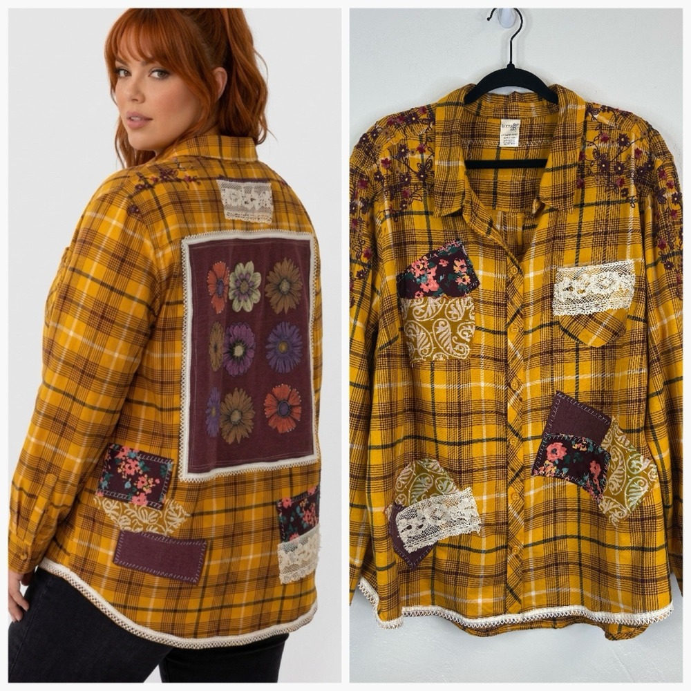 Autumn Fall Flannel Size 2X Embroidered Floral Button Up Boho Shabby Chic Lace